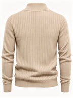 Autumn/Winter New Men's Stand Collar Zipper Design Fashionable Sweater, Knitted Versatile Stretchy Long-Sleeve Pullover with Small Rib Texture, for Home and Commuting, Vintage Men's Top - Apricot