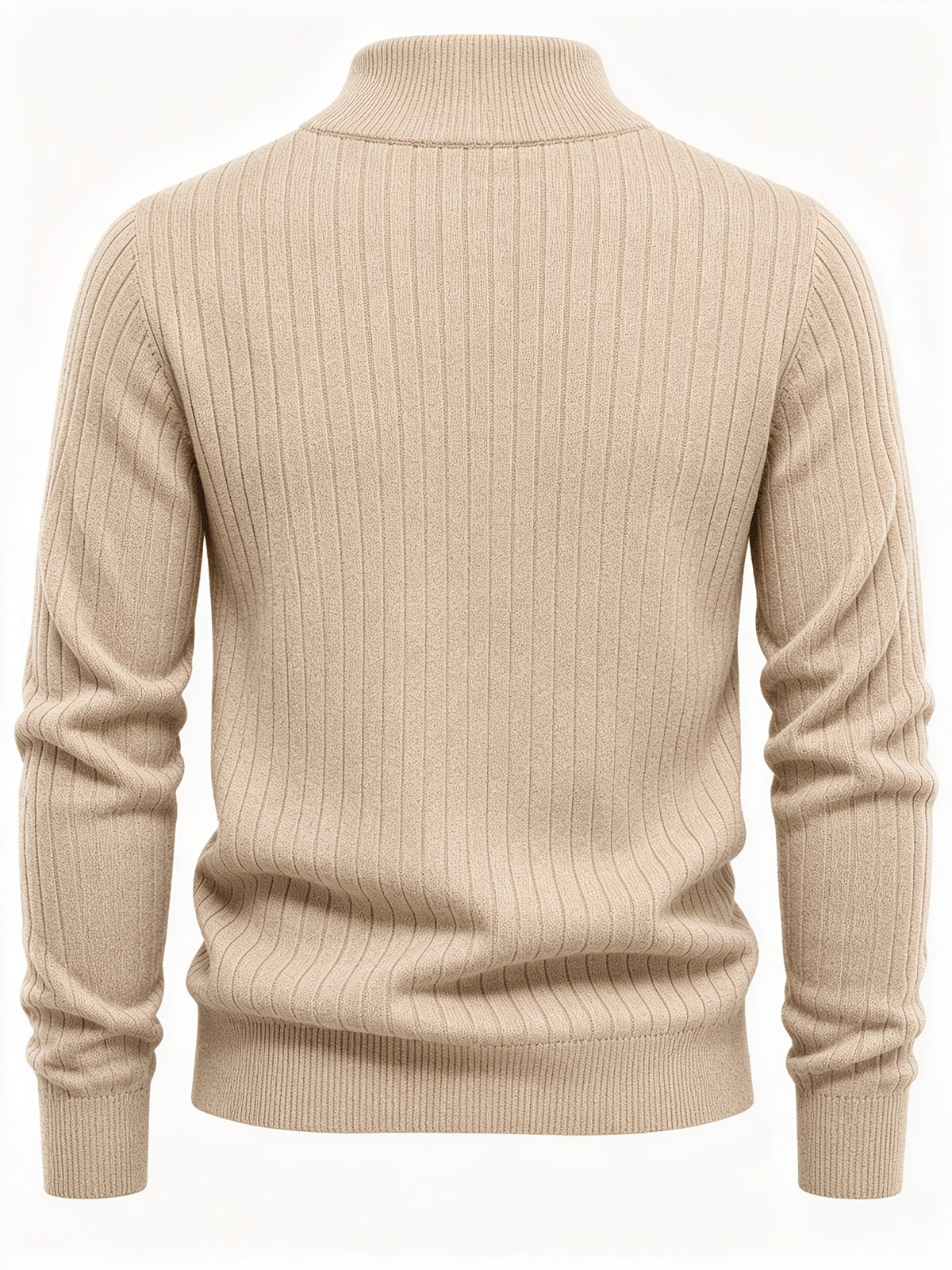 Autumn/Winter New Men's Stand Collar Zipper Design Fashionable Sweater, Knitted Versatile Stretchy Long-Sleeve Pullover with Small Rib Texture, for Home and Commuting, Vintage Men's Top - Apricot