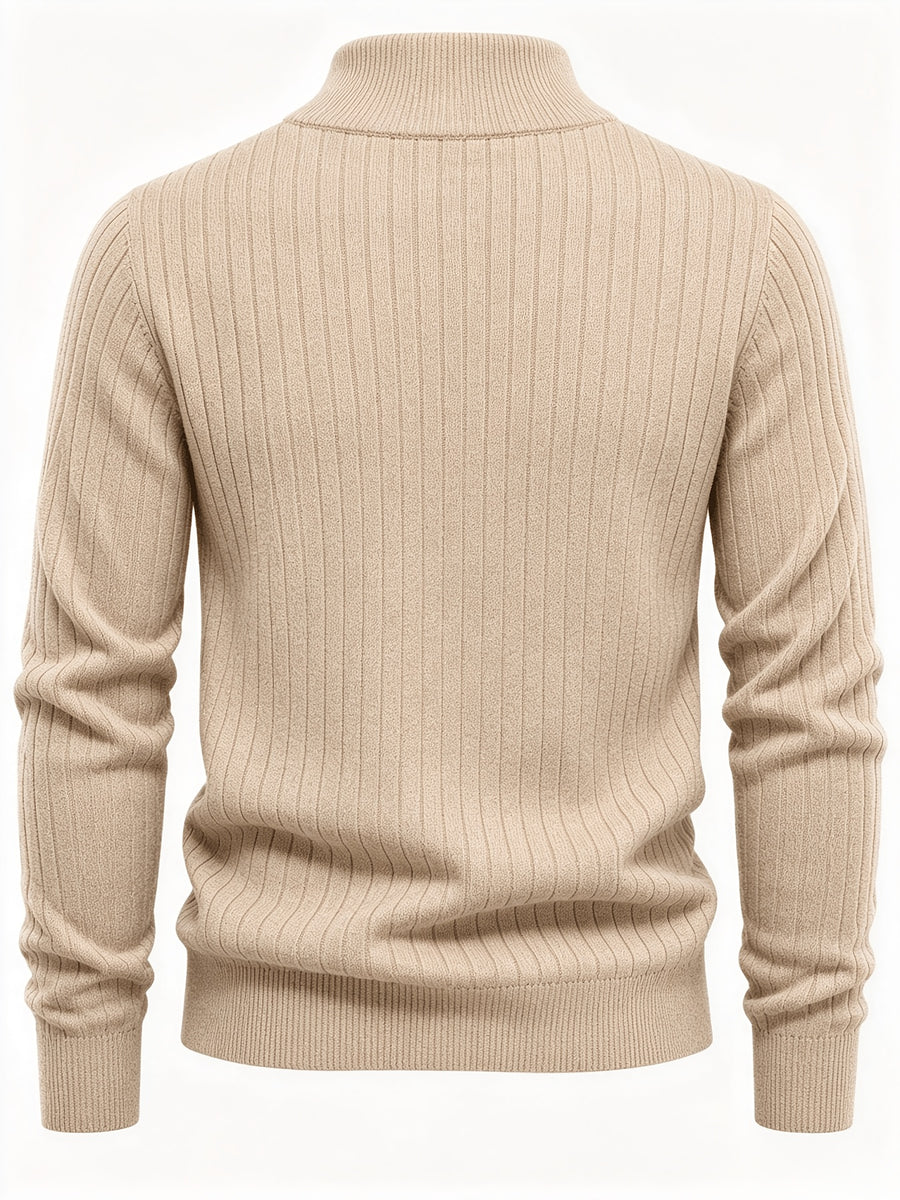 Autumn/Winter New Men's Stand Collar Zipper Design Fashionable Sweater, Knitted Versatile Stretchy Long-Sleeve Pullover with Small Rib Texture, for Home and Commuting, Vintage Men's Top - Apricot