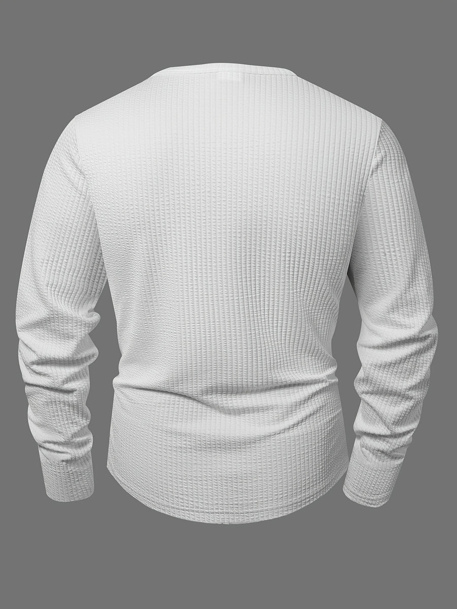 Vertical Stripe Textured Henley Collar Long Sleeve Men's Autumn Casual Loose Premium T-Shirt, Minimalist Solid Color Men's Casual Daily Top - White