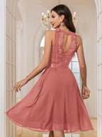 84170A Women's Elegant Round Neck Bow Tie Detail Back Cut-Out Sequin Lace Patchwork Chiffon Asymmetrical Ruffle Hem Midi Party Gown Evening Dress - Cinnamon