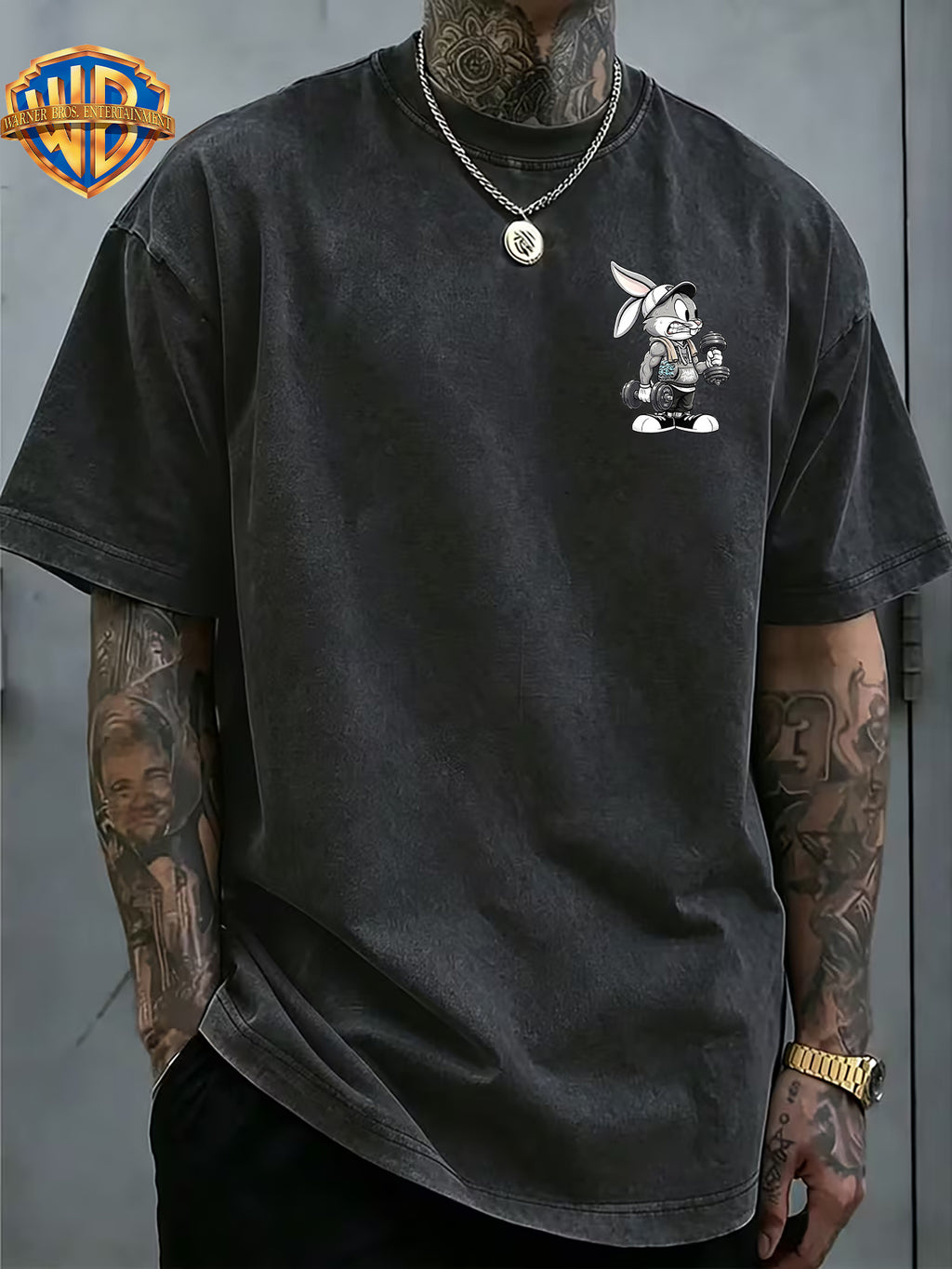 Fitness Weightlifting Rabbit Boggie Front And Back Double Print Washed T-Shirt, Washed Distressed Vintage Short Sleeve Style Le Yitong Anime Casual Top, Men'S 100% Washed Casual Comfortable Style Full Match Loose Summer Short Sleeve T-Shirt - Black