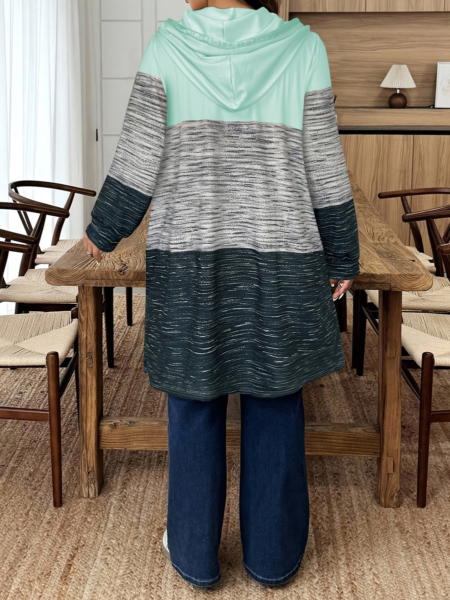 Plus Size, Cross-border Autumn/winter New Color-block Printed Letter Drawstring Hooded Long-sleeve Pocket Women's Plus-size Casual Jacket - Mineral Green