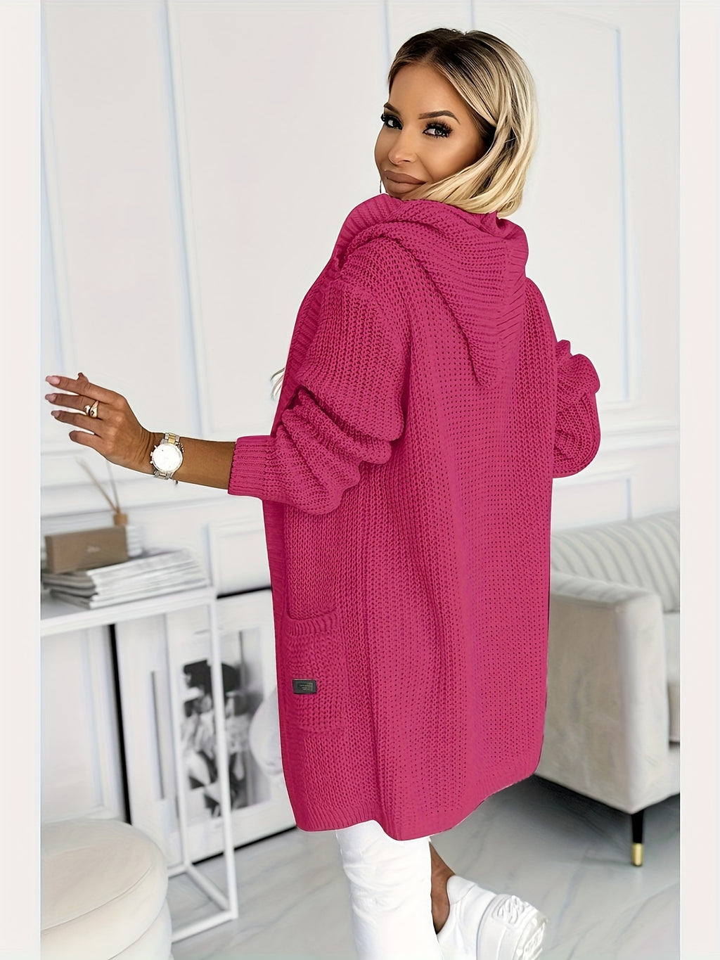 New Women's Autumn/Winter Solid Color Long Sleeve Mid-Length Hooded Pocket Simple Casual Fashion Versatile Daily Wear Sweater Cardigan Jacket - Rose Red