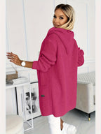 New Women's Autumn/Winter Solid Color Long Sleeve Mid-Length Hooded Pocket Simple Casual Fashion Versatile Daily Wear Sweater Cardigan Jacket - Rose Red