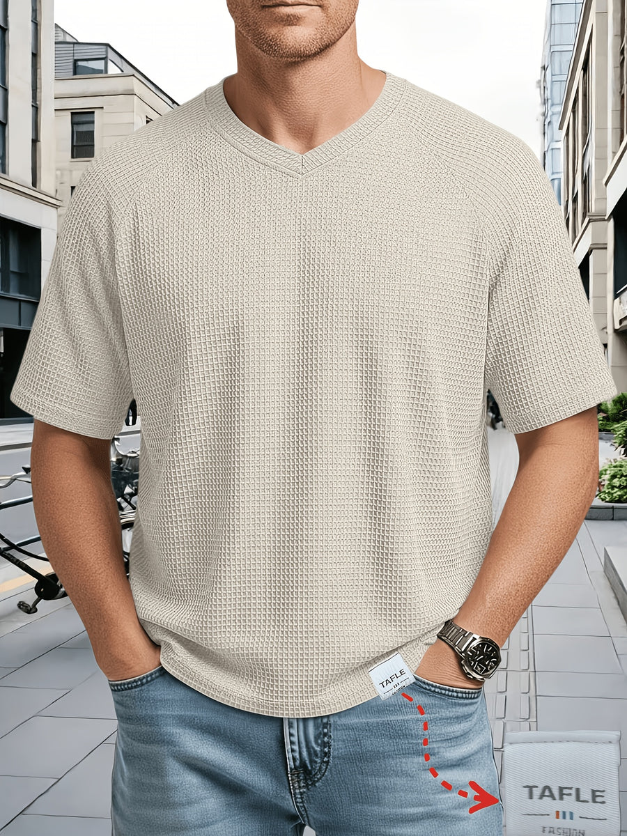 Men's Large Waffle Knit Chicken-Heart Neck T-Shirt - Loose Fit Short Sleeve Crew Neck Shirt with Hem Logo Decoration, Breathable Summer Casual & Sportswear, Solid Color Suitable for Gym, Casual Attire, Machine Washable - Khaki
