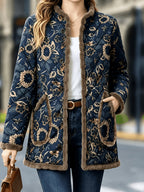 Blue Base Floral Print Autumn/Winter Women'S Thickened Coat with Stand-Up Collar, Quilting Texture, Plush Lining, And Pom-Pom Trim, Brown Button Closure, Vintage Elegant Style, Chinese Classical Charm - Navy Color