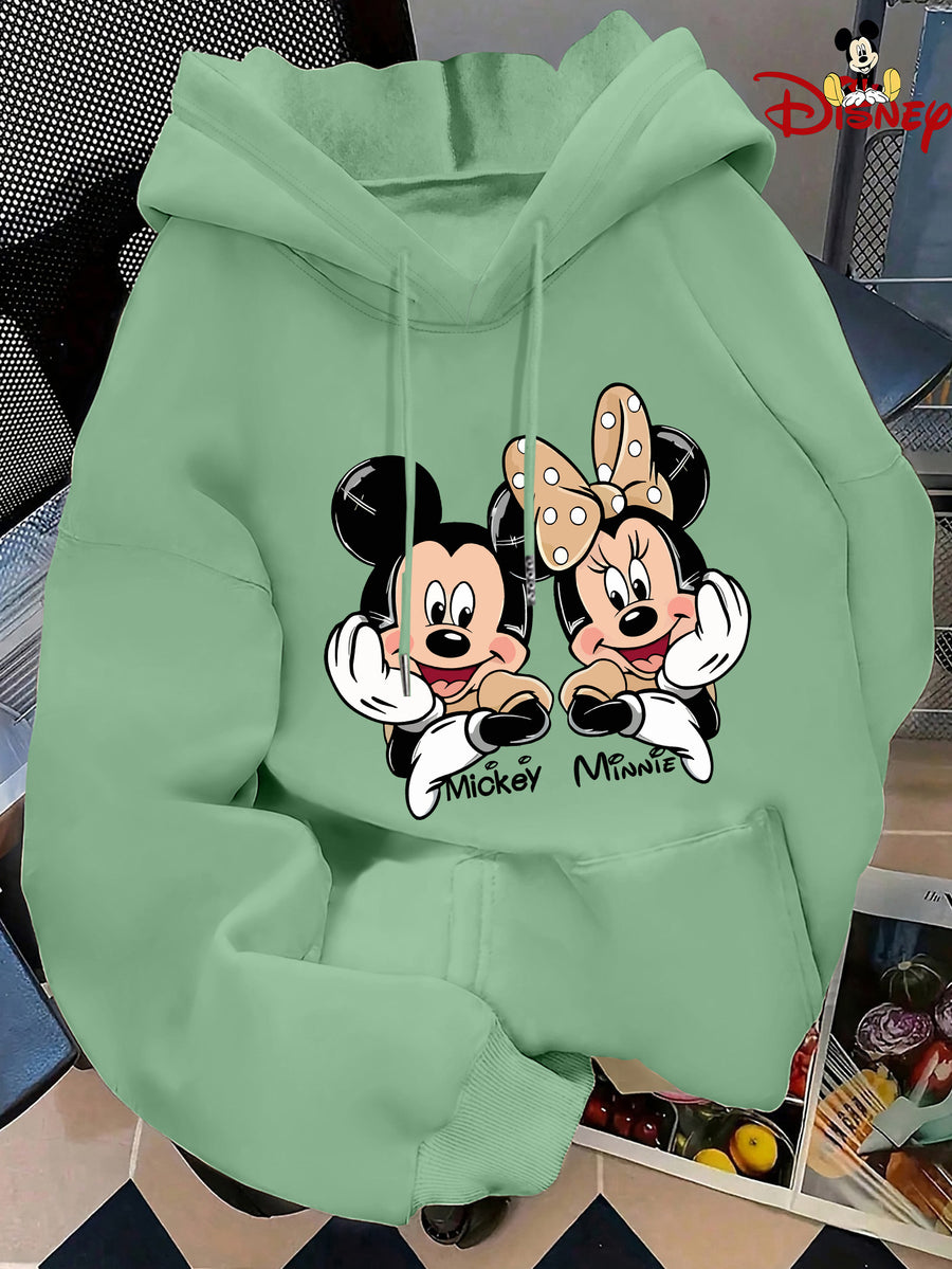 Cute Style Mickey Minnie Face Print Japanese Hooded Sweatshirt, Casual Comfortable Kangaroo Pocket Pullover Top - Olive Green