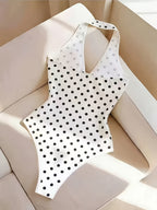 Women'S Easy All-Match Style Bodysuit Fitted Top, V-Neck Halter Neck Sleeveless Fitted Bodysuit, Suitable for Spring And Summer Casual Wear - White