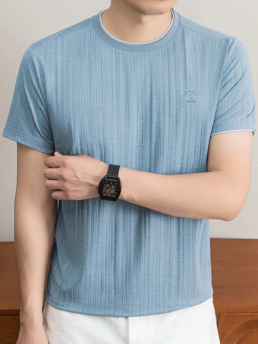 Summer New Men'S T-Shirt, Fashionable Trendy Faux Two-Piece Round Neck Short Sleeve T-Shirt for Men, Business Casual Mid-Age Men'S Solid Color Top, Suitable for Daily Work Scenarios, Men'S Gift - Light Blue