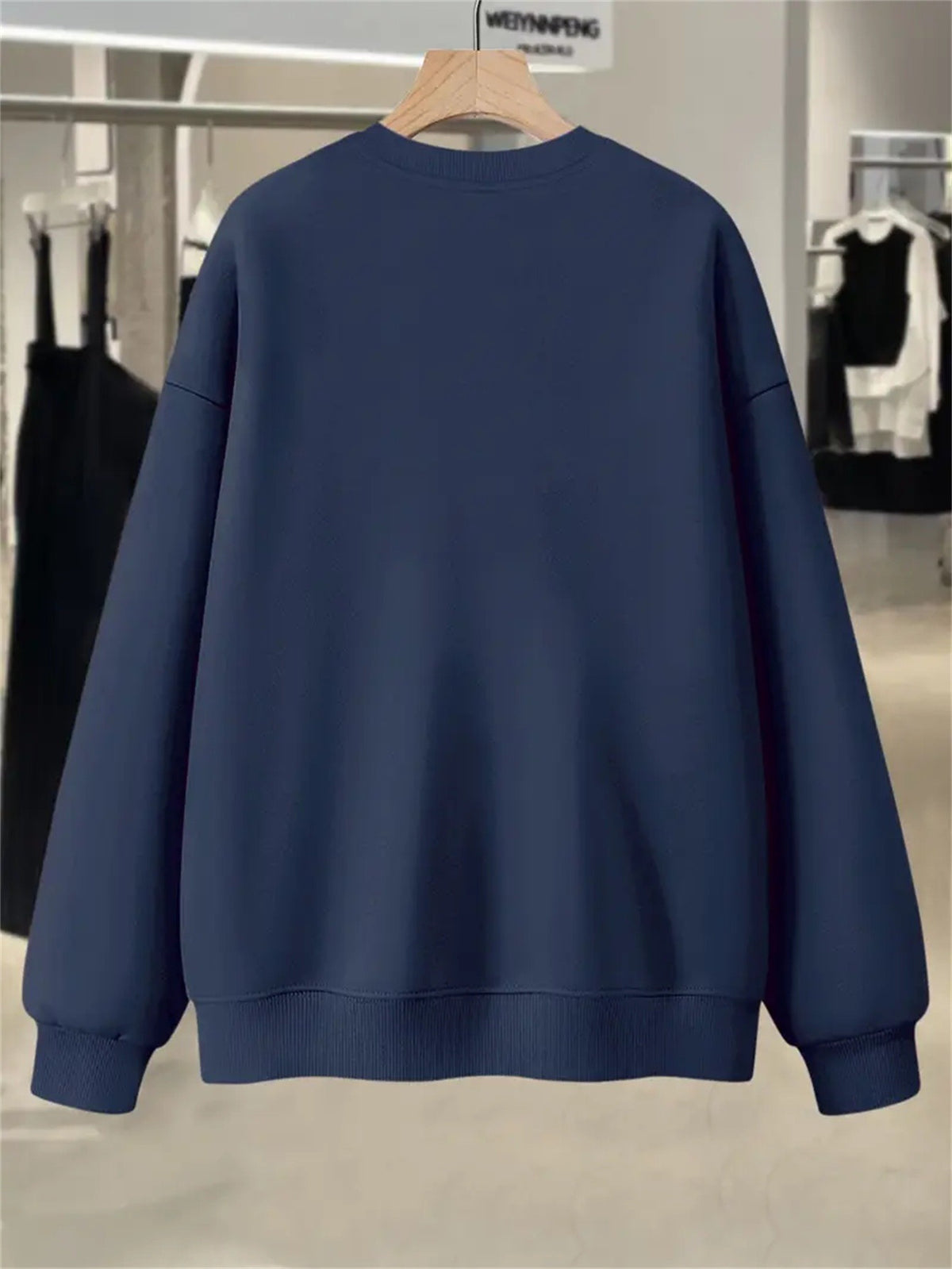 Plus Size, Extended Apparel: Women's Spring/Autumn/Winter Cross-Border European & American Plus-Size Simple Graphic Print Sweatshirt, Casual Crew Neck Sweatshirt, Women's Plus-Size Sweatshirt - Navy Color