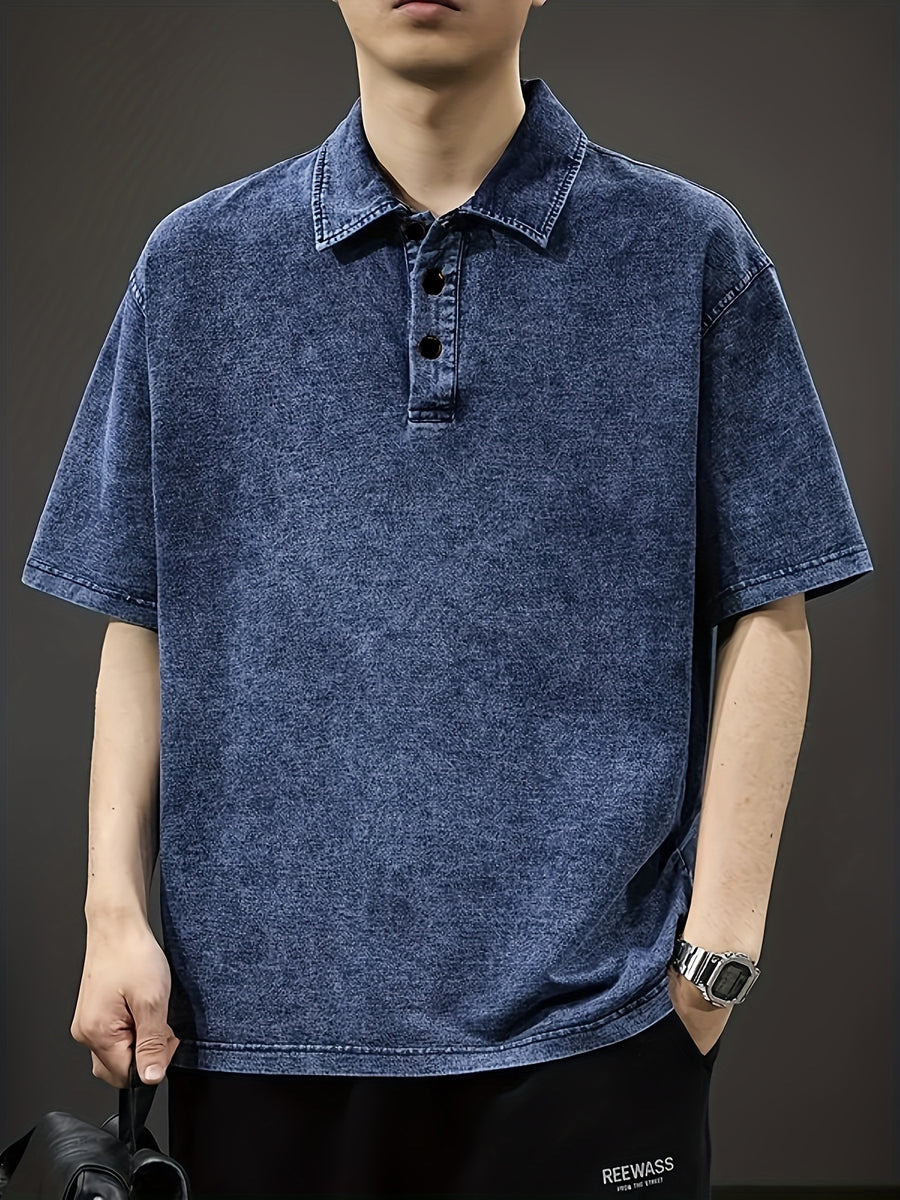 Men's American-Style Denim Short-Sleeve Polo Shirt, Summer Loose-Fit Lapel Heavyweight Premium T-Shirt - Blue