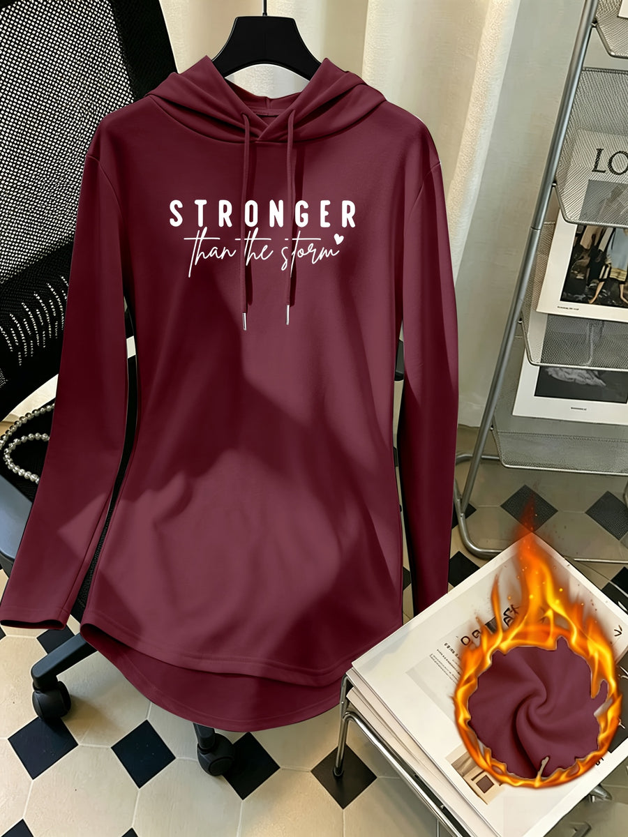 Mid-Length Hooded Sweatshirt for Women, Loose Hip-Covering Letter Print Drawstring Pullover Top - Burgundy