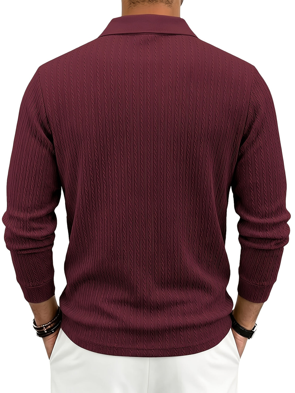 Autumn/Winter New Arrival: 1pc Men's Twisted Cable Vertical Stripe Knit Long-Sleeve Polo Shirt, Three-Dimensional Jacquard Texture, Classic Lapel, Vintage Brown Wood Grain Three-Button, Stretchy Soft Knitted Fabric, Solid Color Minimalist Top - Burgundy