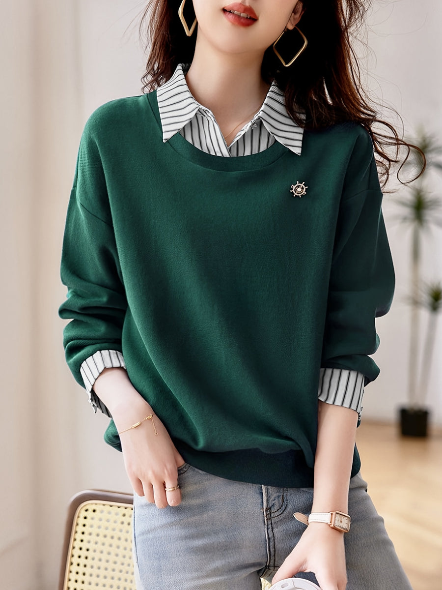 Women'S Fall Winter Casual Comfortable Fashion Long Sleeve Collared Striped Collar Polo Shirt - Dark Green