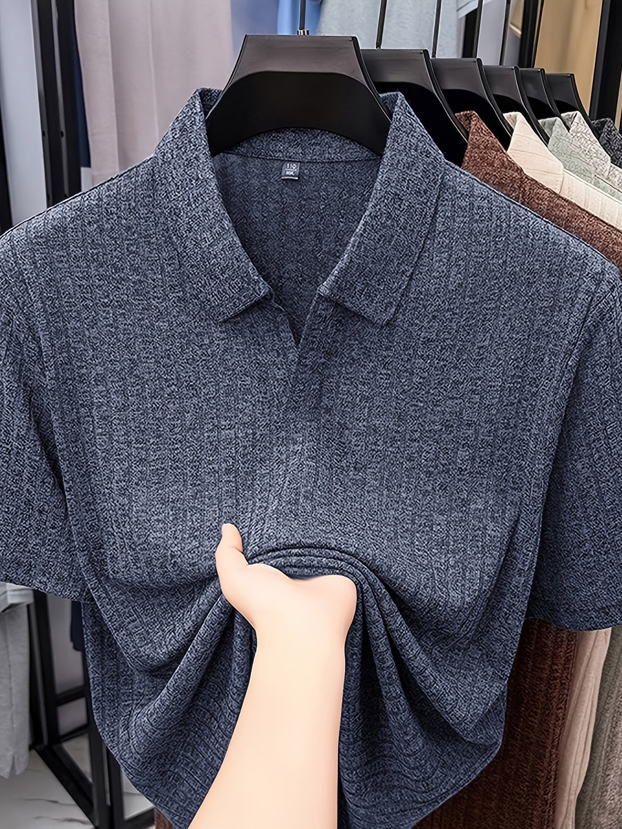 Old Money Aesthetic Vertical Ribbed Polo Sweater, Solid Color No-Button V-Neck Design, Commute Business/Casual Gathering Multi-Scene Short Sleeve Top, Light Athletic Non-Pick Body Men'S Top, Knit - Business Youth