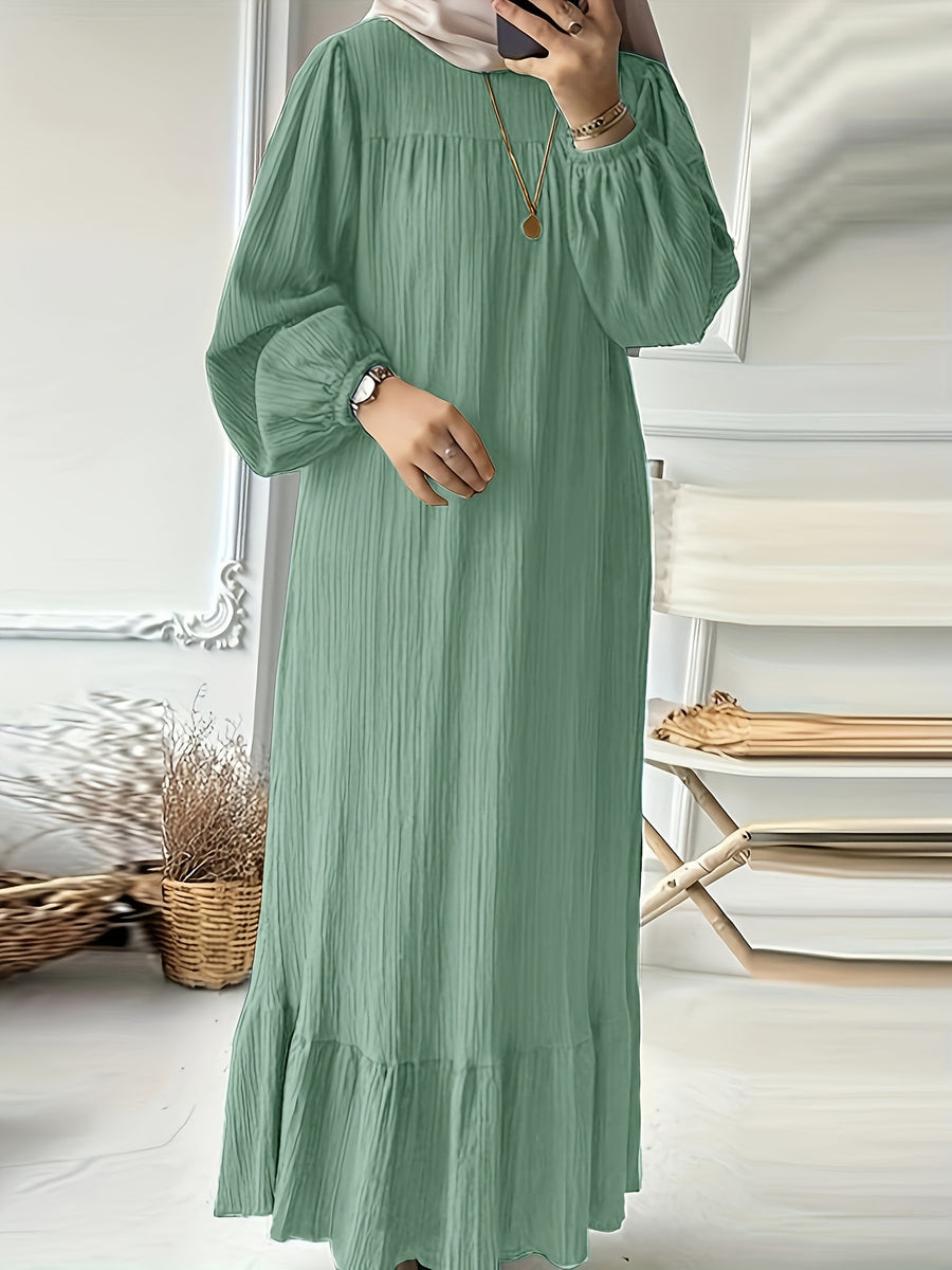 1pc Solid Color Lantern Sleeve Round Neck Ruffled Hem Loose Patchwork Dress - Green