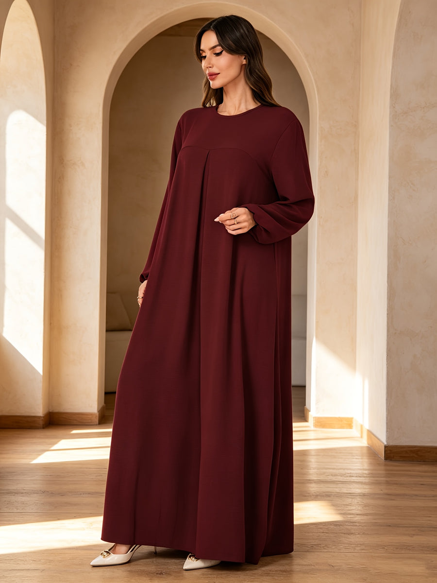 1pc Elegant Holiday Style Loose Wrinkled Versatile Solid Color Suitable for Daily Wear Comfortable Casual Loose Comfortable Women'S Abaya Dress. Abayas for Women Dubai Long Dresses for Women Abaya Damen Ladies Abaya Robe Long Sleeve Women - Burgundy