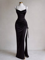 New Women'S French Premium Texture Black Cami Dress High-Waist Slimming Side-Slit Sexy Women'S Dress for Banquets, Parties, And Wedding Bridesmaid Dresses - Black
