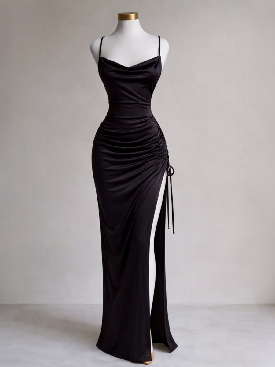 New Women'S French Premium Texture Black Cami Dress High-Waist Slimming Side-Slit Sexy Women'S Dress for Banquets, Parties, And Wedding Bridesmaid Dresses - Black