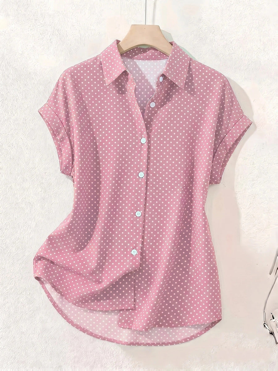 Summer Polka Dot Single-Breasted Short-Sleeve Shirt - pink color