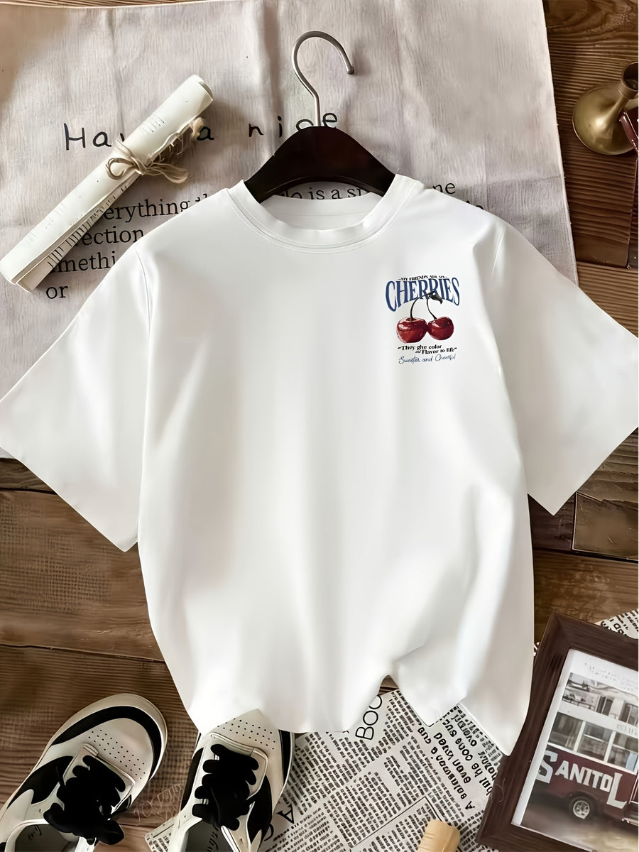 Linglong Women's Casual Round Neck Short Sleeve T-Shirt with Cherry Fruit and Letter Print for Spring/Summer - White