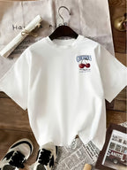 Linglong Women's Casual Round Neck Short Sleeve T-Shirt with Cherry Fruit and Letter Print for Spring/Summer - White