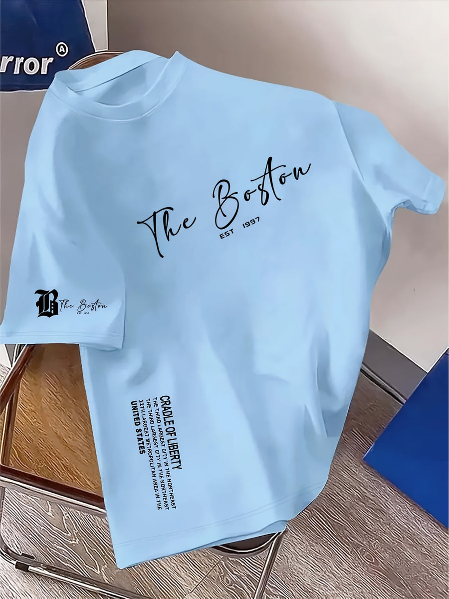 Men'S Casual Short-Sleeve T-Shirt with a Round Neck And Letter Print, Perfect for Summer Leisure And Sports - Light Blue Color