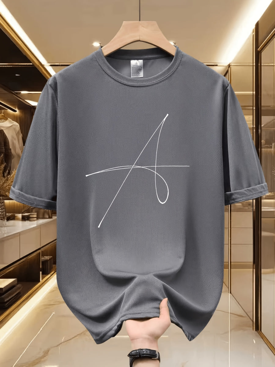 Handwritten Style Letter A Print T-Shirt, Minimalist Line Short Sleeve - Grey