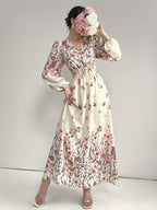 Women'S V-Neck Printed Long Dress, Long Lantern Sleeves, Elastic Waist, A-Line Silhouette, Suitable for Daily Vacation Wear - Apricot