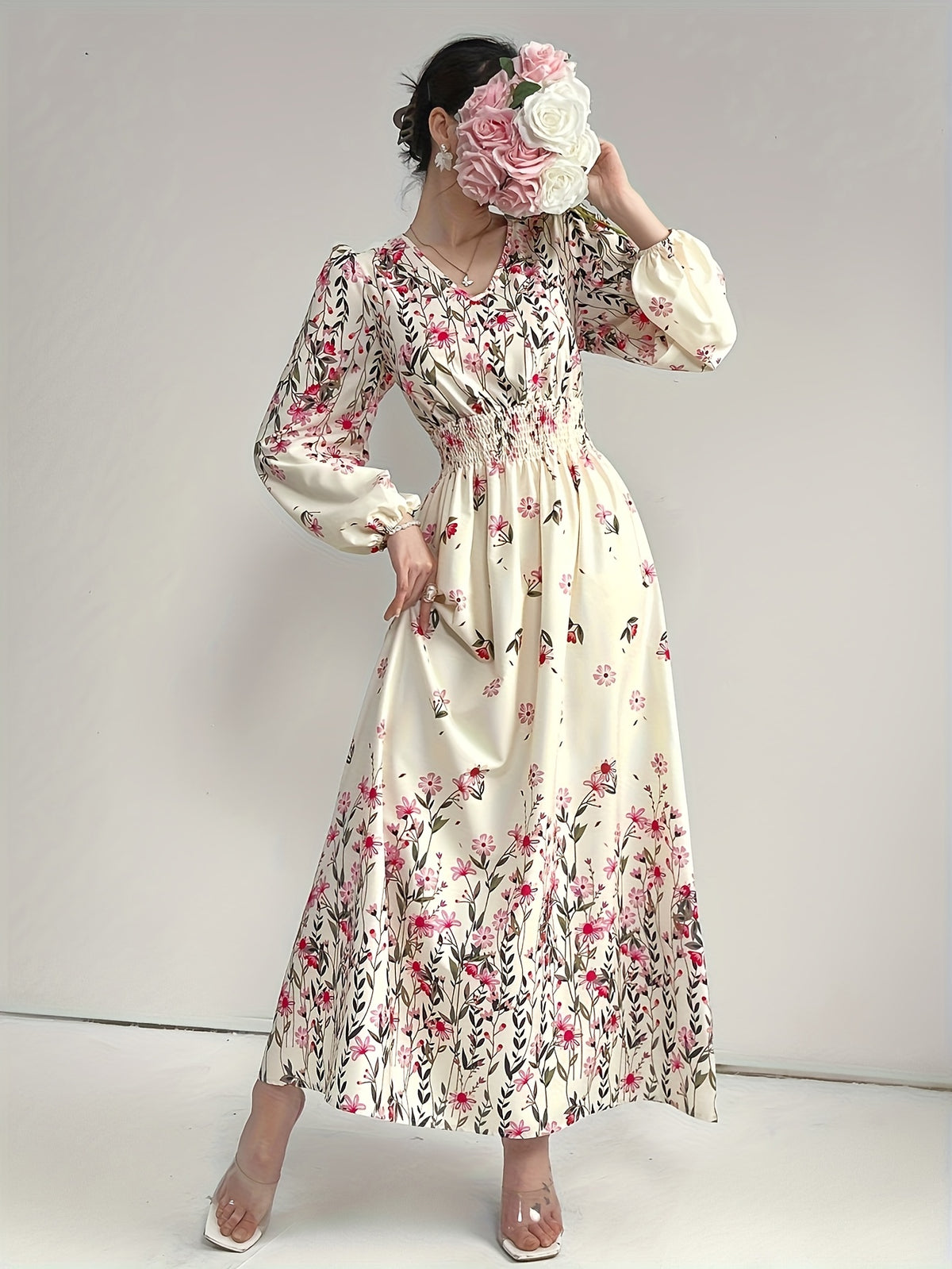 Women'S V-Neck Printed Long Dress, Long Lantern Sleeves, Elastic Waist, A-Line Silhouette, Suitable for Daily Vacation Wear - Apricot