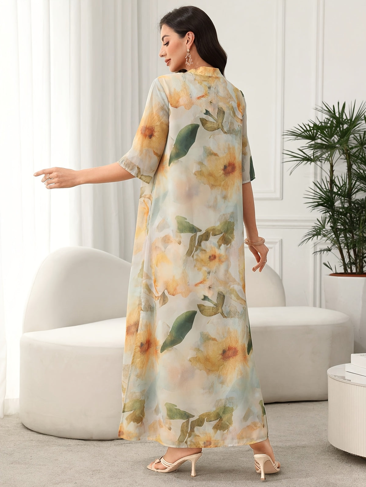 Elegant Floral Print Loose Dress - Multicolor