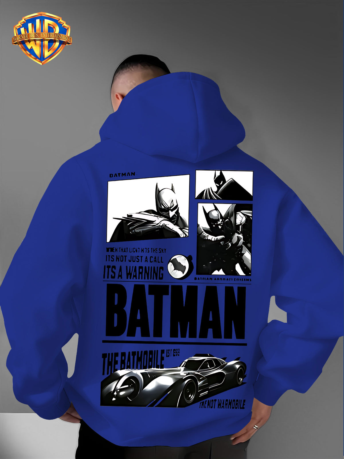 Warner Bros. Authorized American Dark Superhero Retro Batman Comic Poster Print Hooded Sweatshirt, with Adjustable Drawstring, Comfortable And Warm, Fashionable And Versatile Men'S Casual Sweatshirt, Suitable for Autumn And Winter Wear - Blue