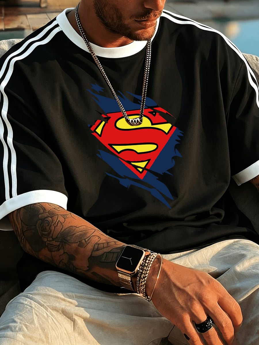 Officially Licensed by Warner Bros. - Men'S 100% Crew Neck Short Sleeve T-Shirt. This New Summer 2026 Style Features a Breathable, Skin-Friendly Fabric with a Torn-Effect Superman Logo Print That Exudes a Fresh, Summery Vibe. The Contrasting S - Black