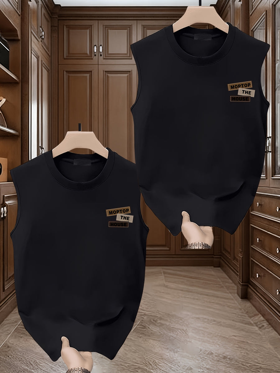[Set of 2]Heavy-weight, Pure Cotton, Trendy Print, Sleeveless T-shirt for Men. Summer New Style, Casual, Relaxed Fit, Versatile, Can Be Worn as a Vest or Backless Top. - Black+black
