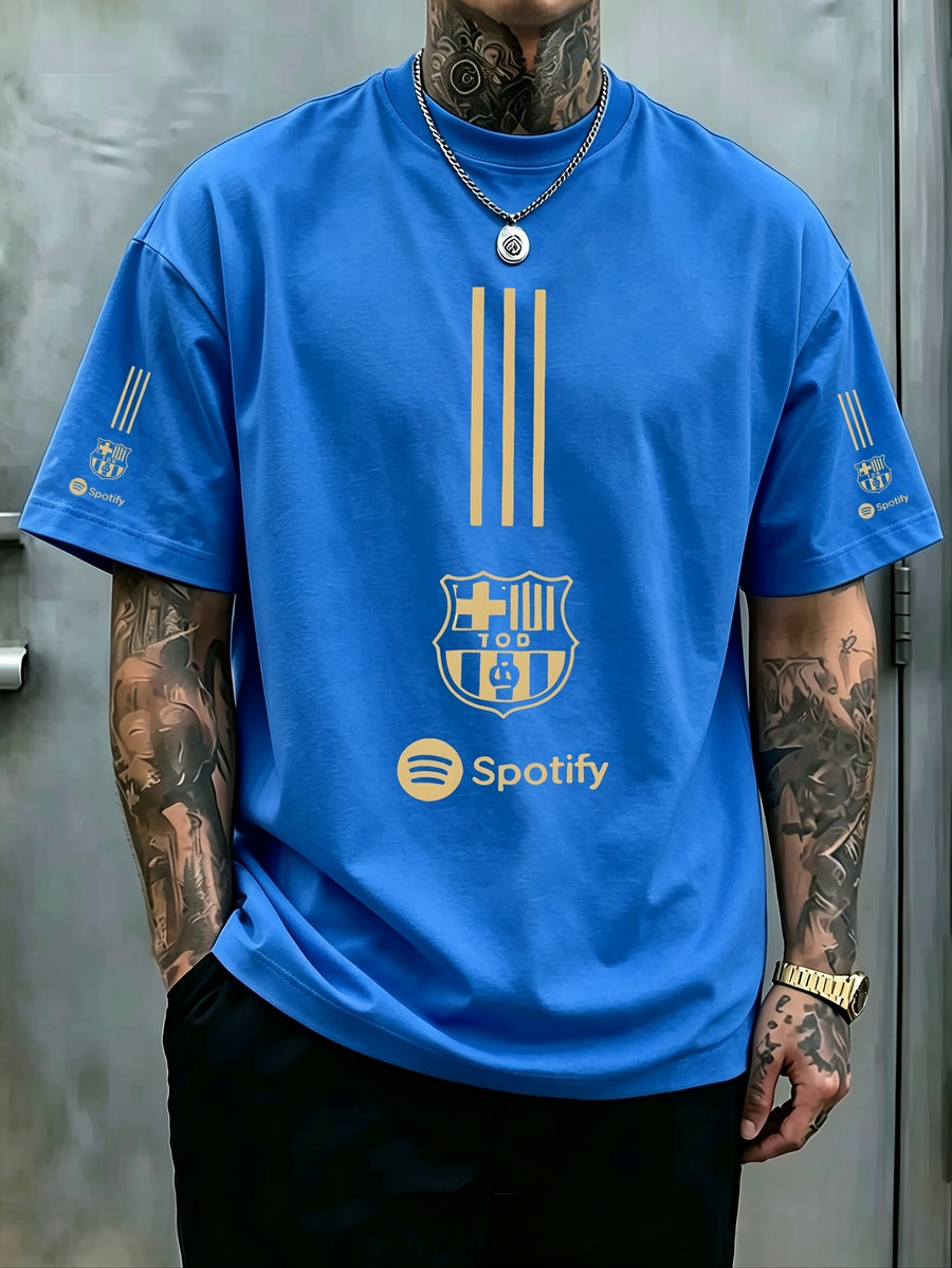 Adult Round Neck T-Shirt Trendy Golden Badge Striped Print Top Casual Outing Fan Gathering Leisure All-Match Breathable Pullover Sweater - Royal Blue