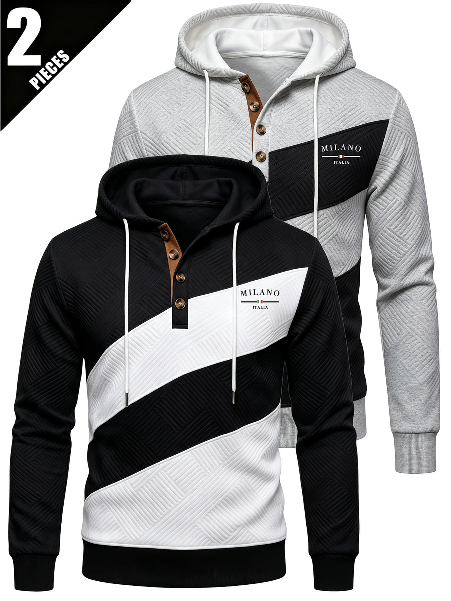 2pcs Men'S Patchwork Fashion Hoodie Set, Textured Color-Block Zipper Print Long Sleeve Hoodie, Regular Fit Street Casual Daily Outing - Black Evil + Gray