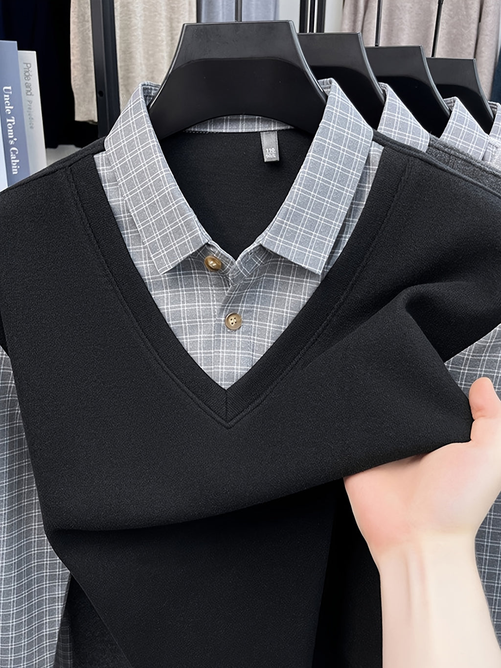 Men'S Plaid Shirt Collar Faux Two-Piece Knit Long Sleeve, Business Casual Fit for Most Body Types, Suitable for Single Wear Or Layering - SINBOS - Jazz Black