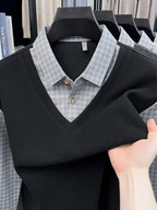Men'S Plaid Shirt Collar Faux Two-Piece Knit Long Sleeve, Business Casual Fit for Most Body Types, Suitable for Single Wear Or Layering - SINBOS - Jazz Black