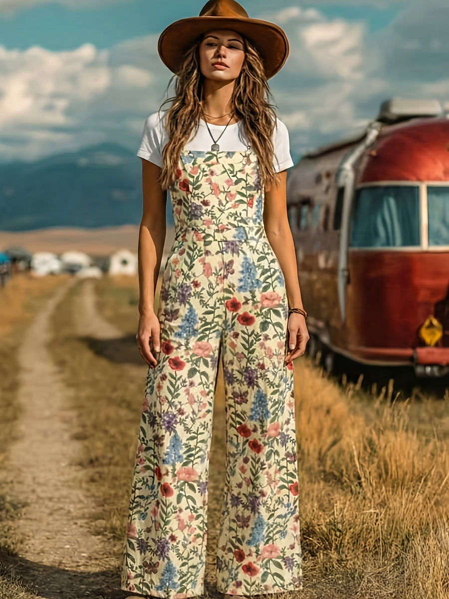 Vintage Floral Print Overalls for Women, Wide-Leg Loose Jumpsuit, Unique Design Outfit, Suitable for Casual Wear Or Vacation, a Comfortable And Youthful Summer Clothing Item - Multicolor