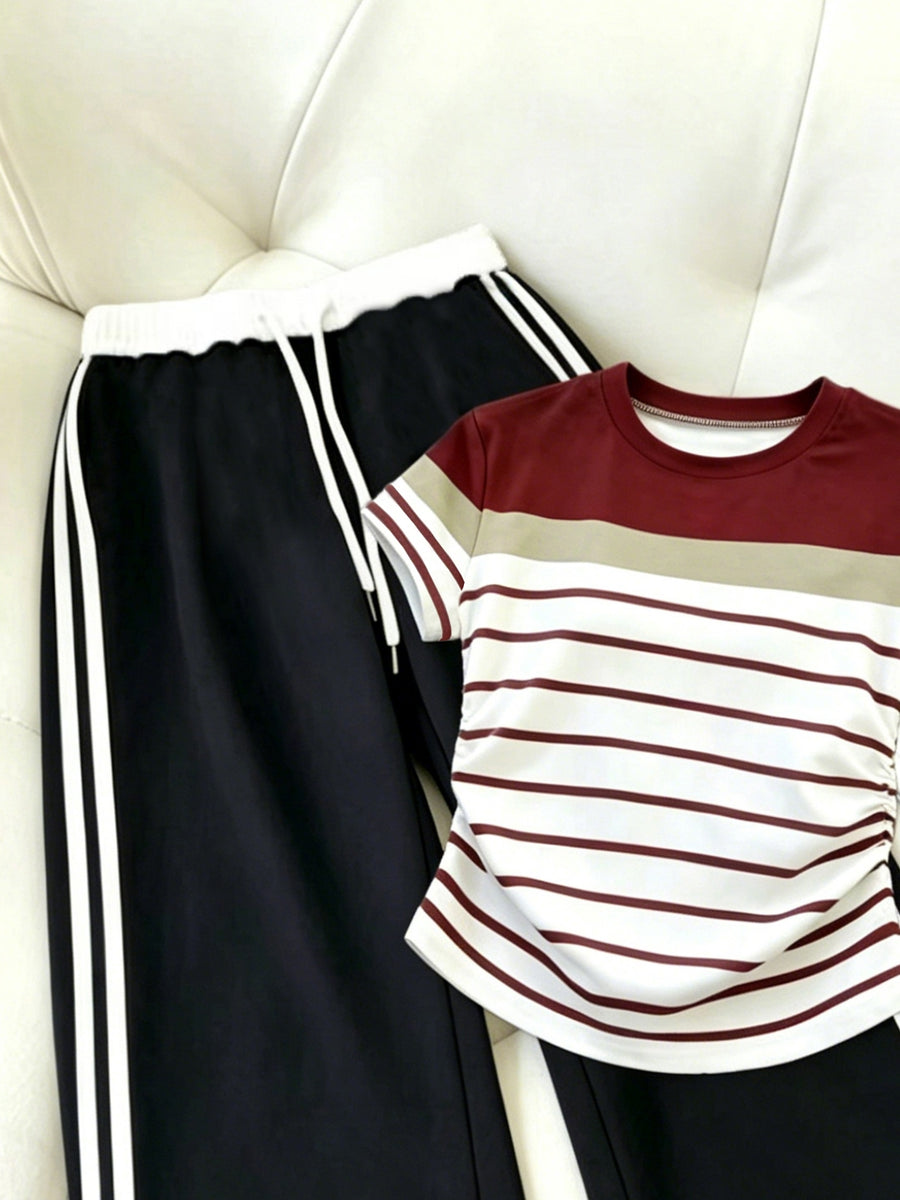 Women'S 2pcs Set Long Pants And Belt Patchwork Casual Sports Street Retro Style Loose Athletic Trousers And American Retro Casual Waist Pleated Craft Short Sleeve Digital Positioning Printed Short Sleeve Top - Black+Burgundy