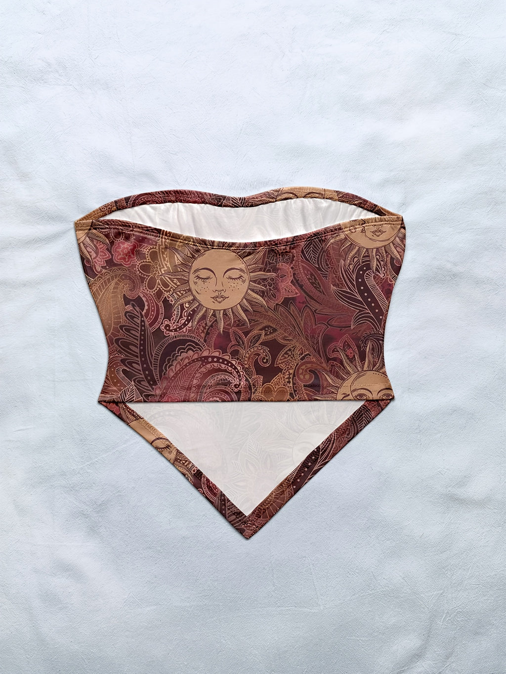Women'S Spring/Summer New Brand Special Boho Beach Tropical Vacation Outfits | Retro Sun Pattern Print Slim Fit Bustier Crop Tops with Asymmetrical Bandeau Collar - Reddish Brown