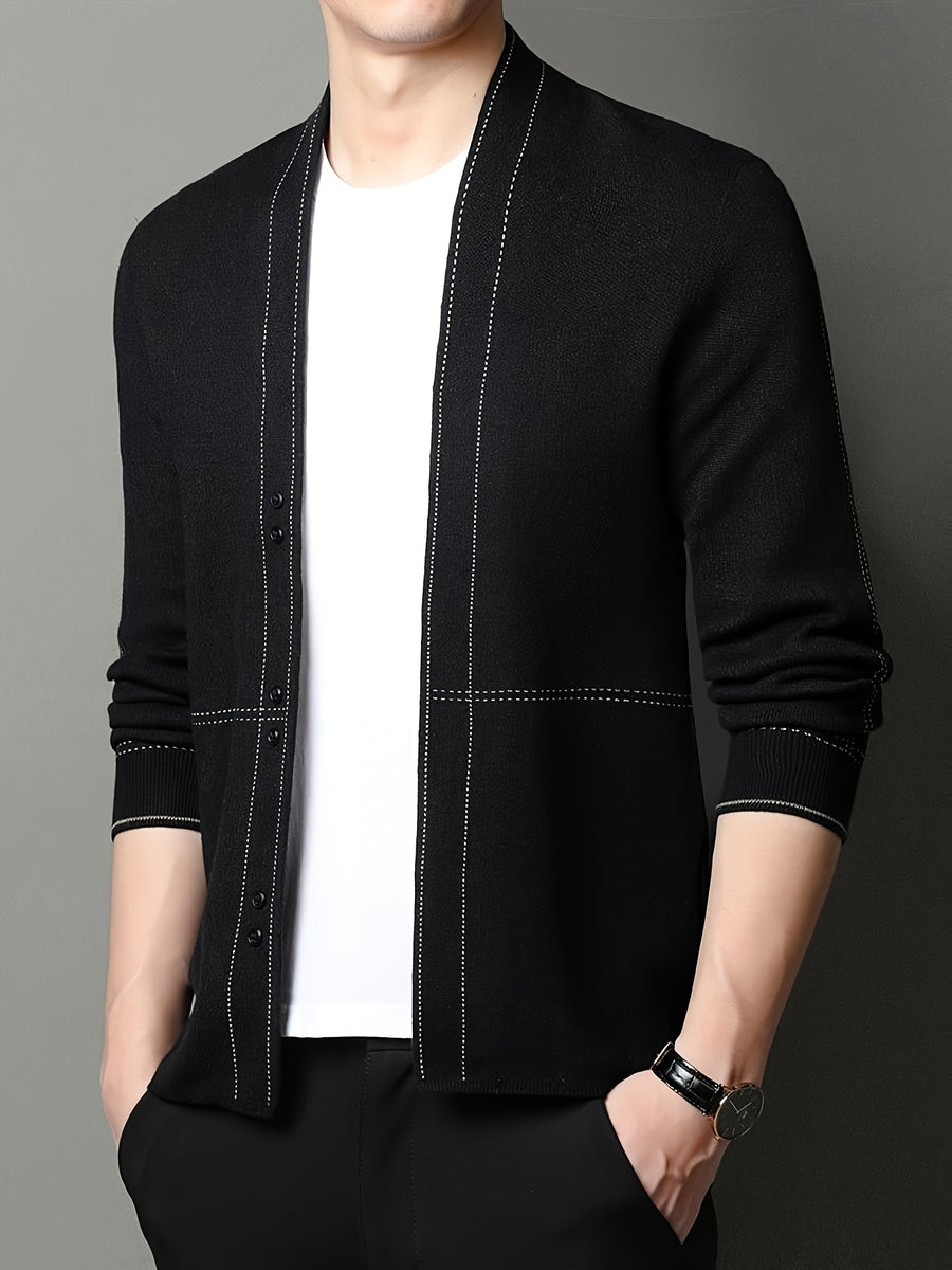 Xingmengzhi OBM 2025 Spring/Autumn New Striped Sweater Coat with Wool Long Sleeve Cardigan for Men, Business Casual Knitwear - Black