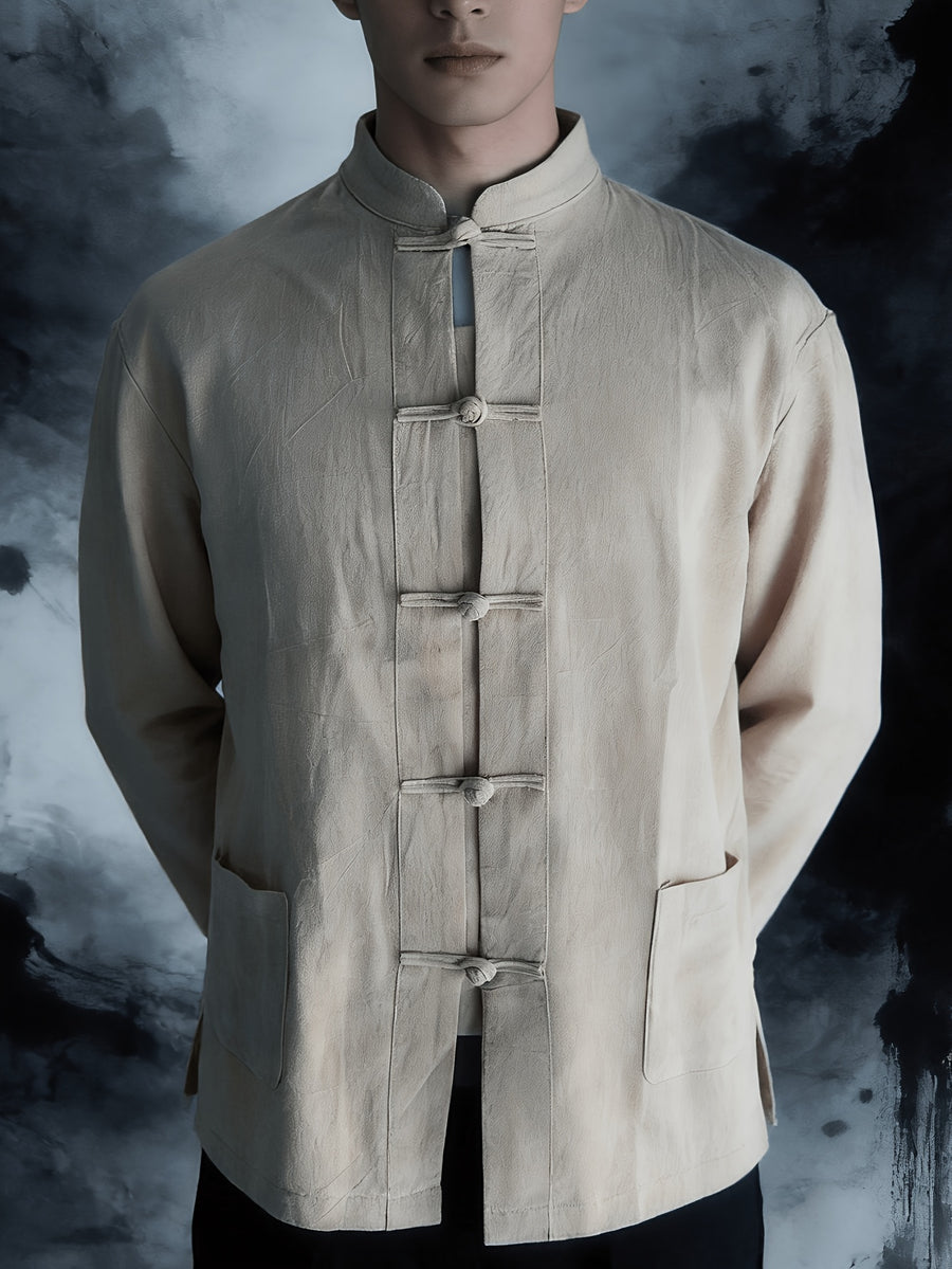 New Chinese Style Men'S Long Sleeve Shirt - And Linen Ethnic Characteristic Practice Clothes - Zen Retro Tang Style Thin Jacket (Solely Includes One Jacket) - Hemp True Color