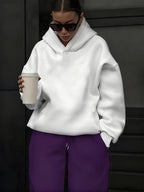 Women's Atmospheric Back English Phrase Print Hooded Sweatshirt with Fateful and Quote Design, Loose Oversized Drop-Shoulder Fit for Daily Streetwear Casual Pullover Hoodie - White
