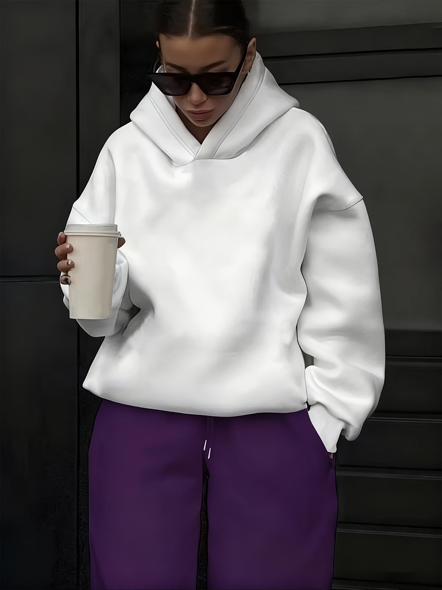 Women's Atmospheric Back English Phrase Print Hooded Sweatshirt with Fateful and Quote Design, Loose Oversized Drop-Shoulder Fit for Daily Streetwear Casual Pullover Hoodie - White