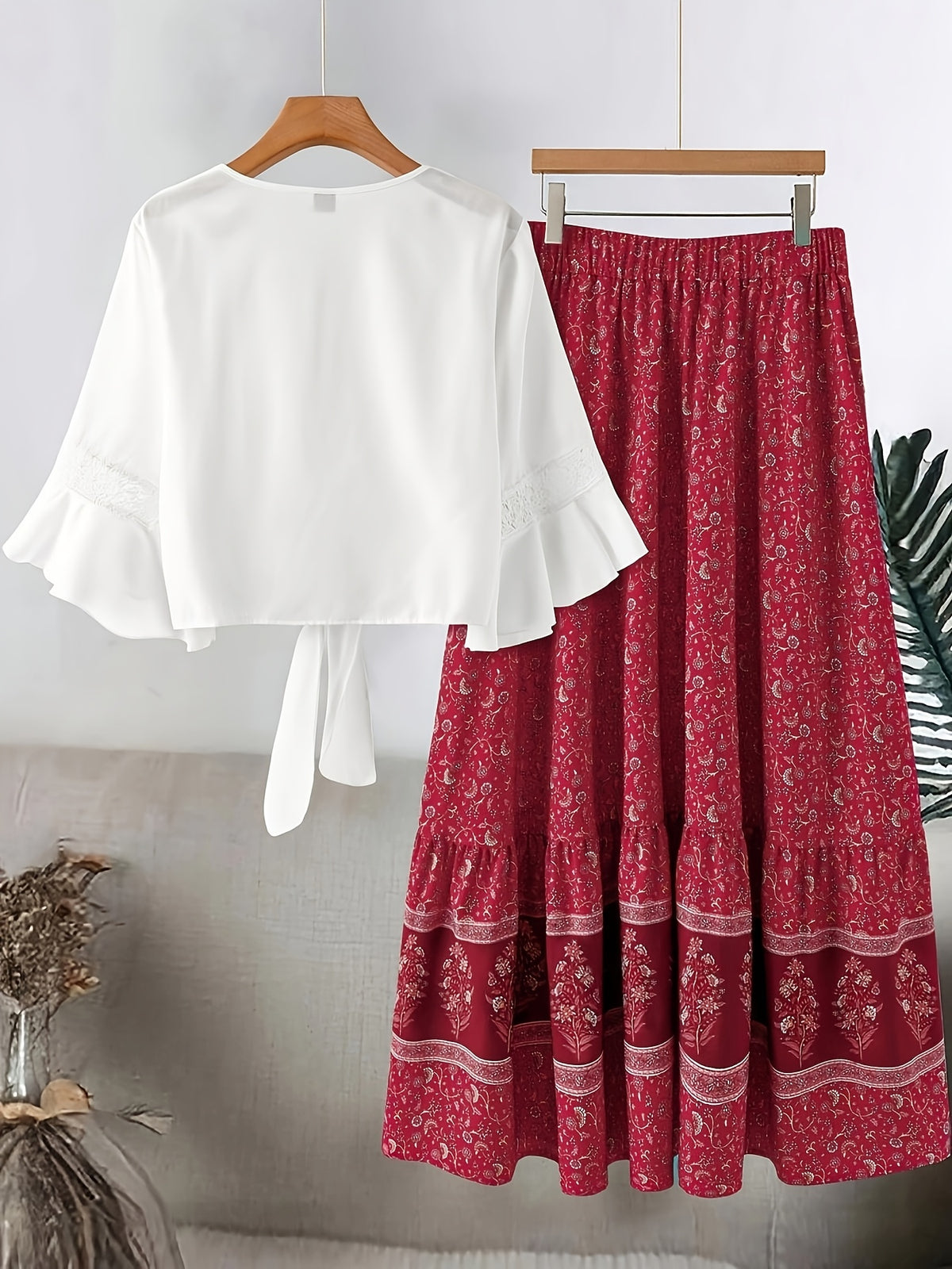 Plus Size Women'S Lace Trim Fashion Set, Suitable for Spring/Summer Vacation Casual All-Match Two-Piece Outfit - Red