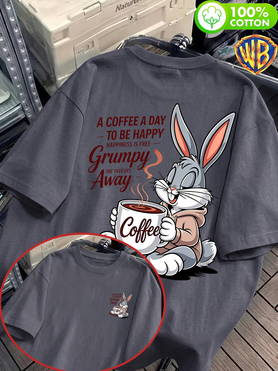 Coffee Healing Rabbit Front And Back Print Men'S T-Shirt, Unisex Fashion Top, Breathable And Sweat-Absorbing, Nontacky Back, Body Shaping, Casual Versatile, Suitable for Commuting, Fitness, Outdoor Activities, Street Style, Beach Vacation - Dark Gray