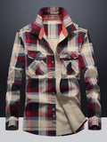 2026 Spring/Autumn New Style Lapel Checkered Short Shirt Men'S Trachten Shirt American Casual Men'S Trendy Fashion All-Match Outdoor Long Sleeve Shirt - Red Grid