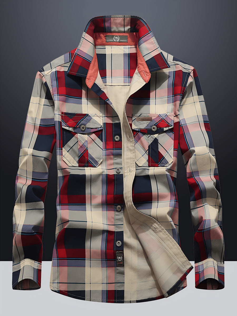 2026 Spring/Autumn New Style Lapel Checkered Short Shirt Men'S Trachten Shirt American Casual Men'S Trendy Fashion All-Match Outdoor Long Sleeve Shirt - Red Grid